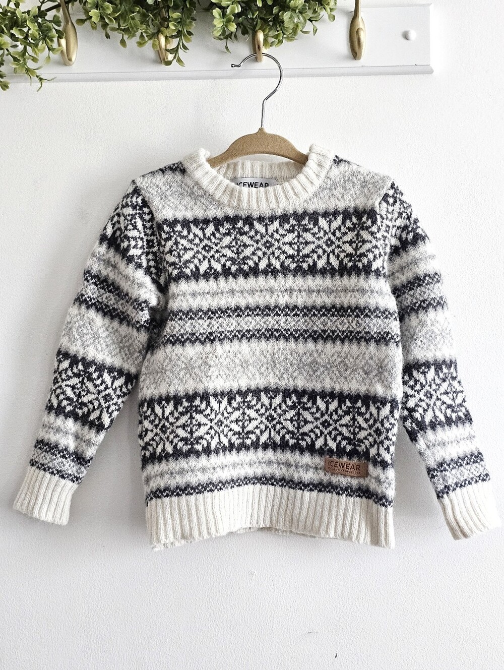 Icewear Iceland Kids Nordic Fair Isle Wool Angora Sweater Gray Ivory Size 98/104